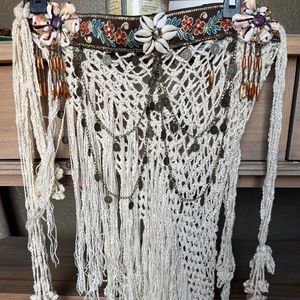 Tribal Crochet Belt with Shells, Chains, and Coins - IVORY